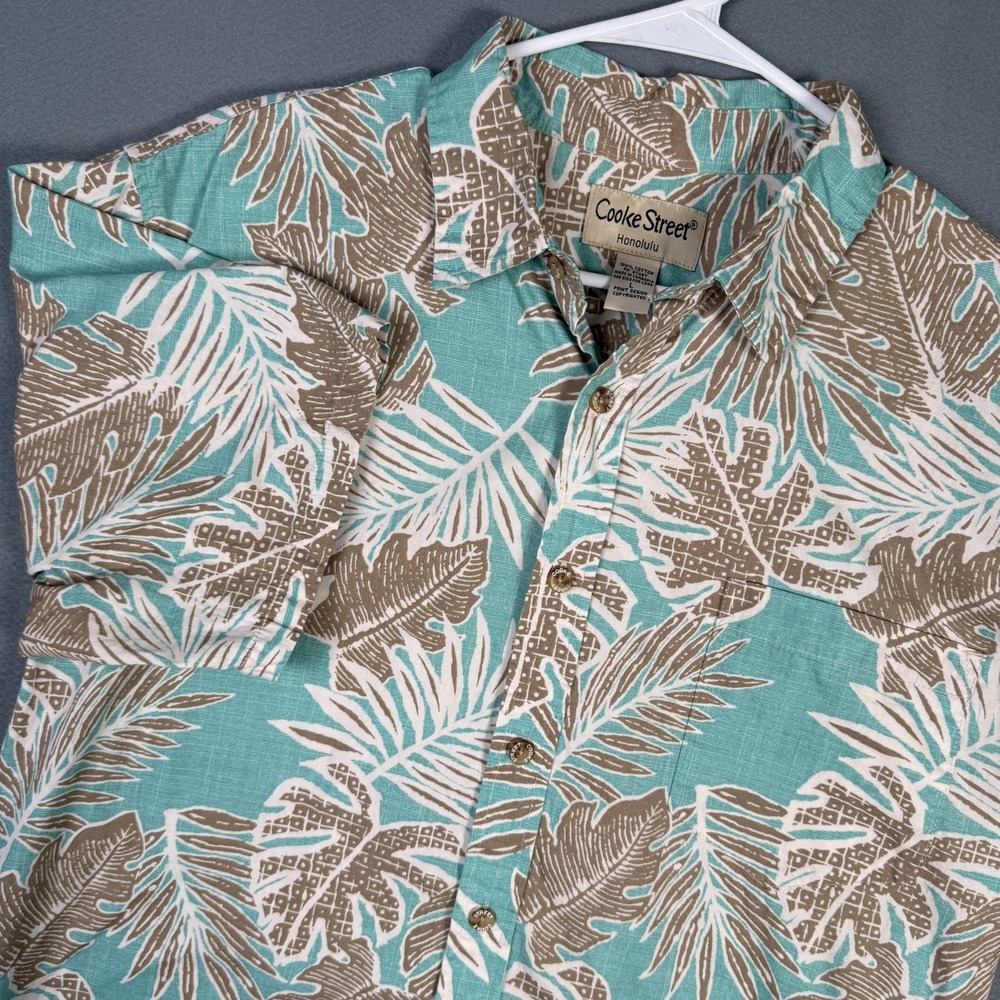 COOKE STREET AQUA TROPICAL FOLIAGE HAWAIIAN SHIRT MEN'S sz L MADE IN HONOLULU